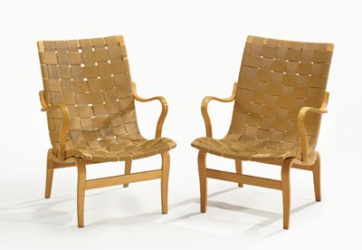 BRUNO MATHSSON, SWEDISH (1907-1988): EVA, pair of open armchairs, blonde bentwood with webbing, impressed with firm's burned mark, and made in Sweden. 33 1/2 x 23 1/2 inches
