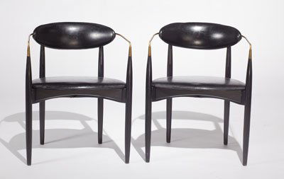 IB KOFOD-LARSEN FOR SELIG: Pair of armchairs, walnut, brass and upholstery, circa 1956, bears label. 34 1/2 x 19 inches