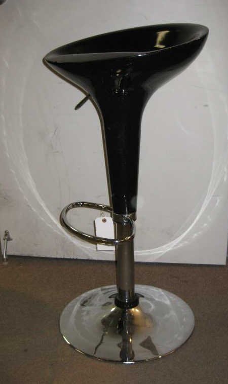 ITALIAN STYLE STOOL: black plastic conical seat over a chromed adjustable foot rest and round base plate.