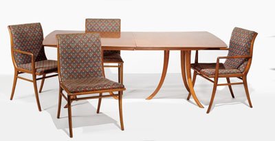 T.H. ROBSJOHN-GIBBINGS FOR WIDDICOMB: SIX CHAIRS, bleached mahogany and upholstery, two armchairs and four side, labeled. 34 x 22 inches
