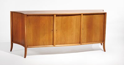 T.H. ROBSJOHN-GIBBINGS FOR WIDDICOMB: SIDEBOARD, bleached mahogany, labeled. 32 x 79 1/4 x 20 inches