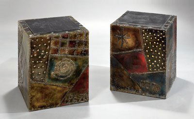 PAUL EVANS, AMERICAN (1931-1987): A pair of end tables, 1970, polychromed and gilt-metal welded steel with slate tops, each monogrammed and dated. 18 1/2 x 14 1/4 x 14 1/4 inches