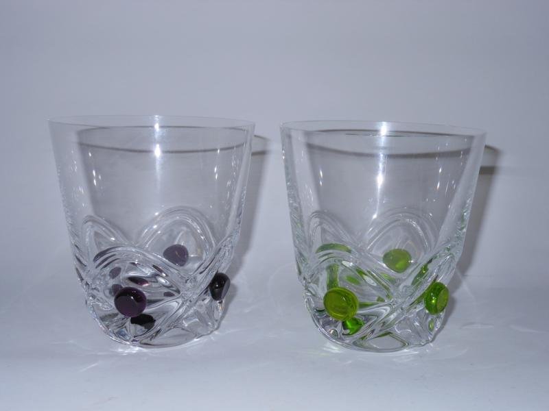 LALIQUE, FRANCE: Two tumblers, cut glass with purple and green accents, etched signatures. 4 1/2 inches