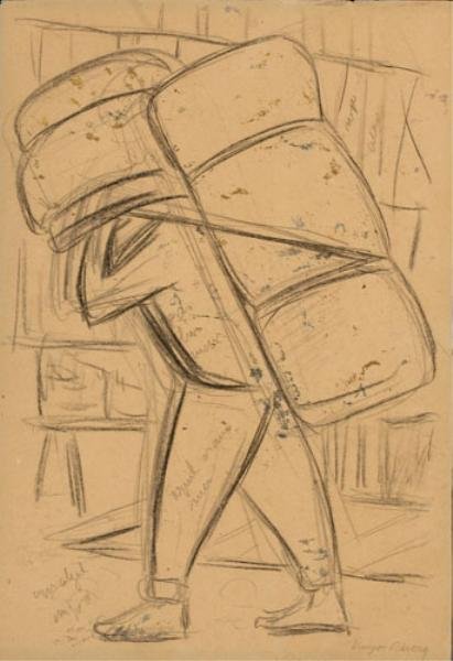 DIEGO RIVERA, MEXICAN (1886-1957): Man with back-pack, pencil sketch with notations, signed lower right, framed. 15 x 10 1/2 inches / 28 1/2 x 23 3/4 inches (framed)