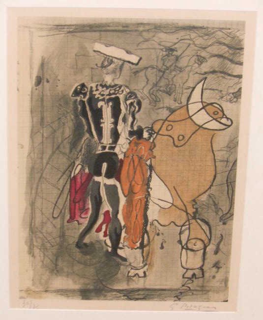 AFTER GEORGES BRAQUE, FRENCH (1882-1963): BULLFIGHT ll, 1950, color lithograph, 30/75, pencil numbered and signed lower margin, framed. Purchased: Camelot Auction, St. Louis by G. Gordon Hertslet. 13 1/2 x 9 1/8 inches (image) / 21 x 16 5/8 i