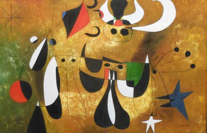 MANNER OF JOAN MIRO: Surrealist composition, oil on canvas, signed Marcoux lower right, framed. 24 x 36 inches