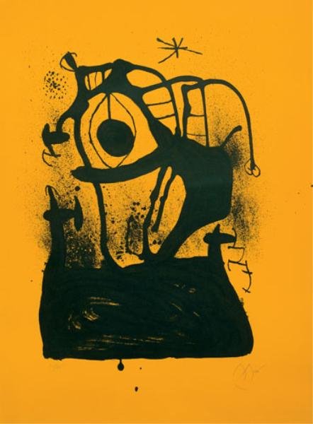 JOAN MIRO, SPANISH (1893-1983): MESMERIZER-ORANGE, 1969, color lithograph, 30/75, signed and numbered in pencil, published by Maeght, 600 Mourlot, framed. 33 1/4 x 23 3/4 inches