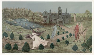 LEONORA CARRINGTON, BRITISH (1917-2011): CROOKERY HALL, 1987, screenprint, 25/50, pencil numbered and signed lower margin, gilt-framed. Publisher: Brewster; printer: American Atelier. 17 x 30 inches (image) / 26 3/4 x 39 1/2 inches (framed)