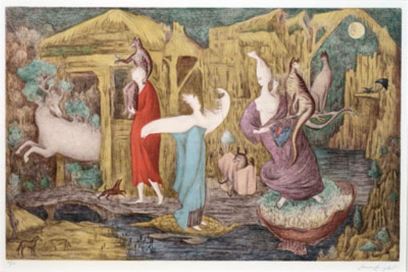 LEONORA CARRINGTON, BRITISH (1917-2011): Surrealist Figure Group, color lithograph, 77/150, pencil numbered and signed lower margin, framed. 20 1/2 x 31 3/4 inches (image)