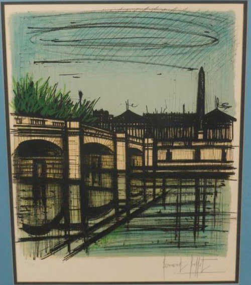 BERNARD BUFFET, FRENCH (1928-1999): LE PONT DE LA CONCORDE, 1968, color lithograph, 106/125, signed and numbered in pencil, (125 Sorlier) framed. 19 3/4 x 17 1/2 inches
