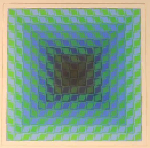 VICTOR VASARELY, FRENCH/HUNGARIAN (1906-1997): Green and blue geometric abstraction, lithograph, edition #37/50, signed and numbered in pencil lower margin, framed. 23 1/4 x 23 1/4 inches