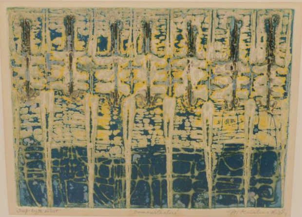 KRISHNA REDDY, AMERICAN (B.1925): RIVIERE & DEMONSTRATORS (two works), color etchings, artist proofs, signed and titled in pencil, framed. 13 1/4 x 18 & 13 1/2 x 17 1/2 inches (image)