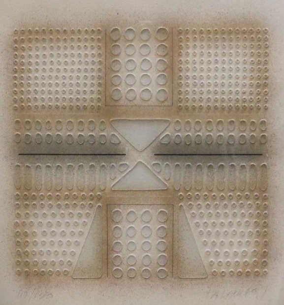 PAUL MAXWELL, AMERICAN (B. 1925): Embossed lithograph, patterned in brown and grey, 117/150, pencil signed and numbered, framed. 23 x 23 inches