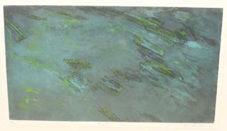 STANLEY WILLIAM HAYTER, BRITISH (1901-1988): NIGHT, 1960, color etching, 46/50, signed, numbered, dated and titled in pencil, framed. Provenance: Ridgely B. Pierson Estate, Quincy IL. 11 1/2 x 19 1/2 inches (image)