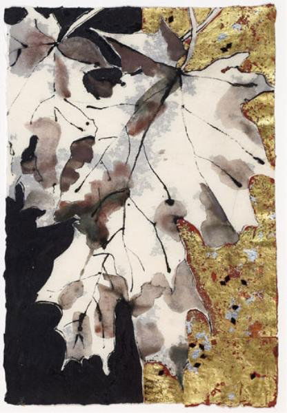 ROBERT KUSHNER, AMERICAN (B.1949): SUGAR MAPLE, 1991, acrylic, oil, metallic leaf and glitter on mulberry paper, signed, dated and titled lower margin, framed. 19 x 13 1/4 inches