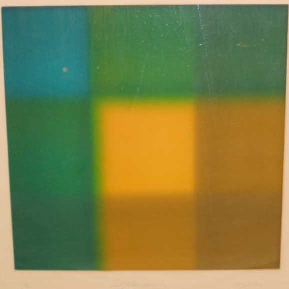 BARRY NELSON, BRITISH (B. 1937): Geometric composition, color etching with aquatint, edition #33/50, signed, titled indistinctly and numbered in pencil lower margin, framed.