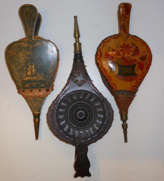 THREE ANTIQUE FIREPLACE BELLOWS