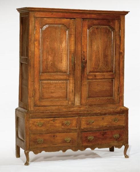 ENGLISH 18TH CENTURY OAK LINEN PRESS: Flat top, over two panel doors, then four short drawers, on cabriole legs. Height 74, width 55, depth 20 in.