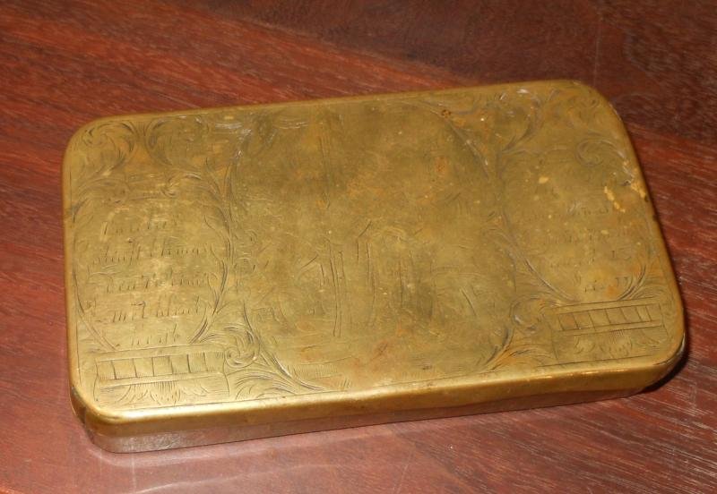 DUTCH 18TH CENTURY BRASS TOBACCO BOX: With engraved writing and cartouches. 3 1/2 x 6 in.