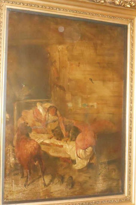 GERMAN SCHOOL, 19TH CENTURY: Child sleeping in a rustic barn interior, oil on canvas, multiple repairs to canvas, signed "F. Tippelt?" lower right, canvas stamped verso: "copie nach no. 2397 Gemalde Galerie, Dresden", gilt-framed