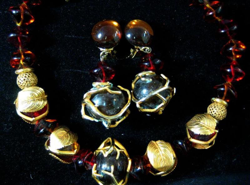 NECKLACE AND EARRINGS, PHILIPPE FERRANDIS PARIS: Gilt-wrapped glass bead necklace with dangling non-pierced dangling earrings. Earrings dangle 2 1/2 inches.