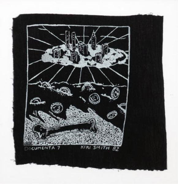 KIKI SMITH, AMERICAN (B. 1954): DOCUMENTA 7, 1982, print on black fabric, signed, edition ca. 10, framed. 13 x 12 1/2 inches