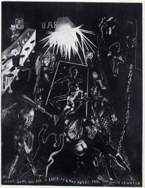 SUE COE, BRITISH (B. 1951): WOMAN WALKS INTO A BAR, IS RAPED BY 4 MEN ON THE POOL TABLE WHILE 20 WATCH, 1984, lithograph, signed and dated in pencil lower margin, framed. 13 x 10 inches