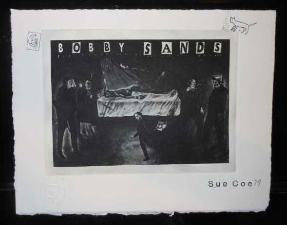 SUE COE, BRITISH (B. 1951): BOBBY SANDS, 1979, etching, stamped signature, dated in pencil, blindstamped, full margins, unframed. 5 3/4 x 7 3/4 inches