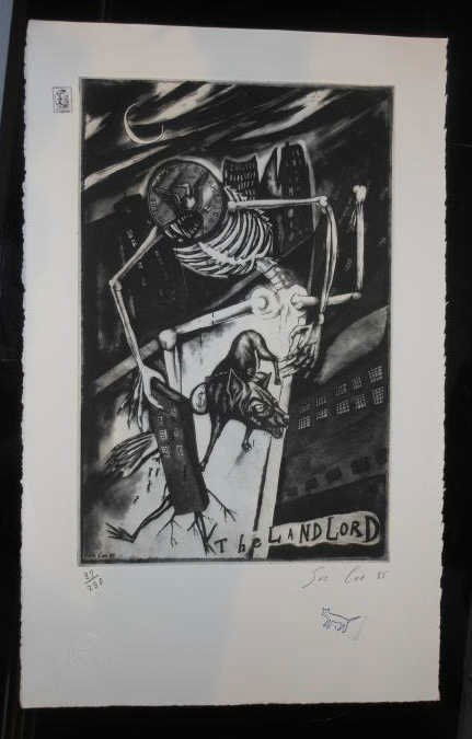 SUE COE, BRITISH (B. 1951): THE LANDLORD, 1985, etching, edition #87/250, signed and numbered in pencil, blindstamped, unframed. 13 1/2 x 8 3/4 inches