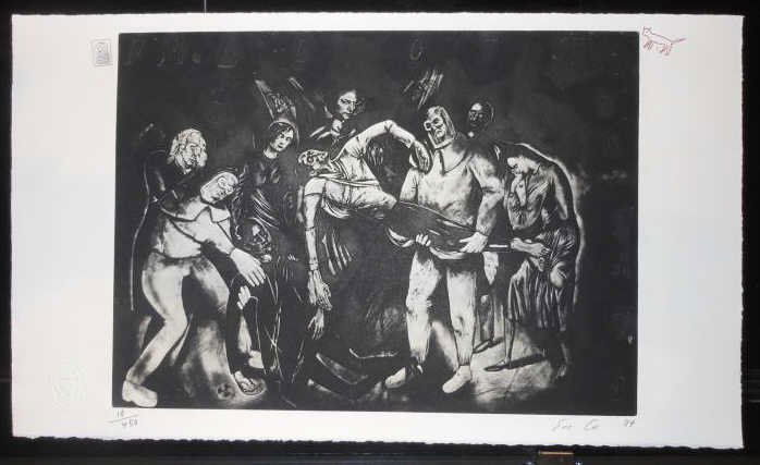 SUE COE, BRITISH (B. 1951): Untitled, 1984, etching, edition #18/450, signed, dated and numbered in pencil lower margin, blindstamped, full margins, unframed. 9 3/4 x 13 1/2 inches