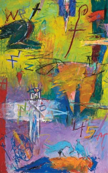 FORD CRULL, AMERICAN (B. 1952): WHEN THE TIME COMES, 1985, two panels, oil and oilstick on canvas, signed and dated lower right, with title verso, unframed. overall size:80 x 100 inches