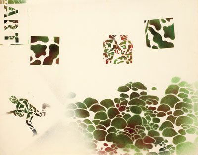 DAVID WOJNAROWICZ, AMERICAN (1954-1992): ART, depicting army men, ca. 1980's, spray enamel on poster board, front and back, unsigned, framed. 22 x 28 inches Purchased: Gracie Mansion Gallery, Feb. 28, 1999