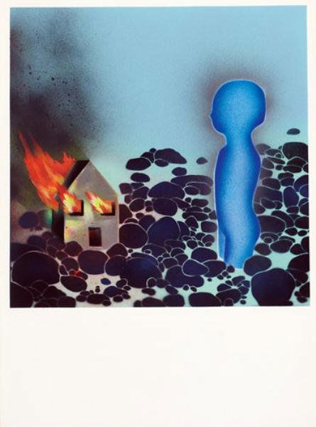DAVID WOJNAROWICZ, AMERICAN (1954-1992): BURNING HOUSE - BLUE FIGURE 1, 1982, spray enamel on posterboard, signed, titled and dated verso, framed. 20 x 20 inches