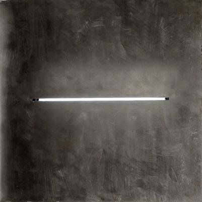 GRETCHEN BENDER, AMERICAN (1951-2004): TOTAL RECALL, steel, filmstrip and fluorescent light fixture, 1985. Height 36 inches; Width 36 inches; Depth 4 1/4 inches Exhibited: New Museum, East Village USA, December 2004 - March 2005