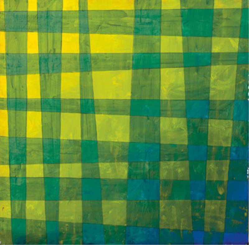 PETER SCHUYFF, DUTCH (b. 1958): Yellow and green plaid, Feb. 2nd, 1987, oil on canvas, initialed and dated verso, unframed. 12 x 12 inches