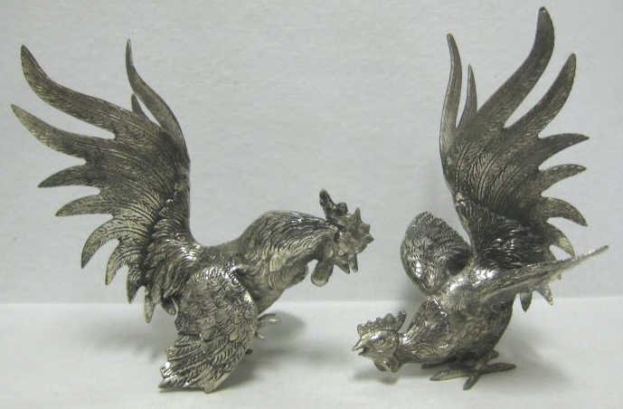 PAIR OF ITALIAN PLATED SILVER FIGHTING COCKS: Attributed to Roberto Rossi, free standing, 20th century. Height 7 1/2 in