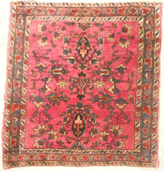 PERSIAN THROW MAT: Flowering vines to the red field, blue border with ivory guard borders. 2 ft. 1 in. x 2 ft. 4 in.