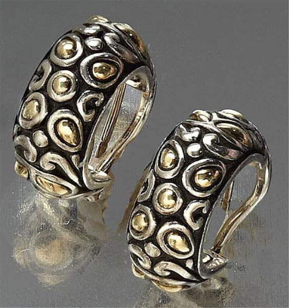 HOOP EARRINGS, JOHN HARDY: Sterling silver pierced hoop earrings with 18k yellow gold detail and clip backs. 3/4 inch.