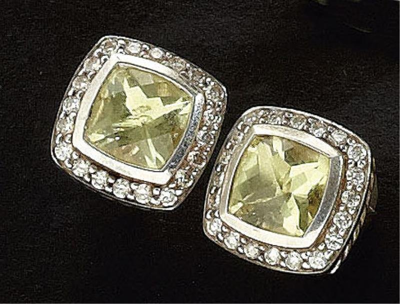 LEMON CITRINE EARRINGS, DAVID YURMAN: Sterling silver pierced earrings, each centering one cushion shaped faceted lemon citrine measuring 7mm surrounded by forty round brilliant cut diamonds weighing .25ct.t.w.
