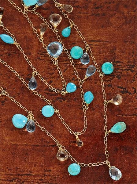TURQUOISE, CITRINE, TOPAZ CHAIN, SUZANNE KALAN: 14k yellow gold chain necklace dangling faceted briolette cut citrine, blue topaz and turquoise stones. 36 inches. 20 grams.