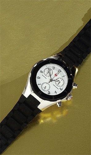 TAHITIAN JELLY BEAN WATCH, MICHELE: Lady's chronograph watch with white face in stainless steel case with black rubber strap.
