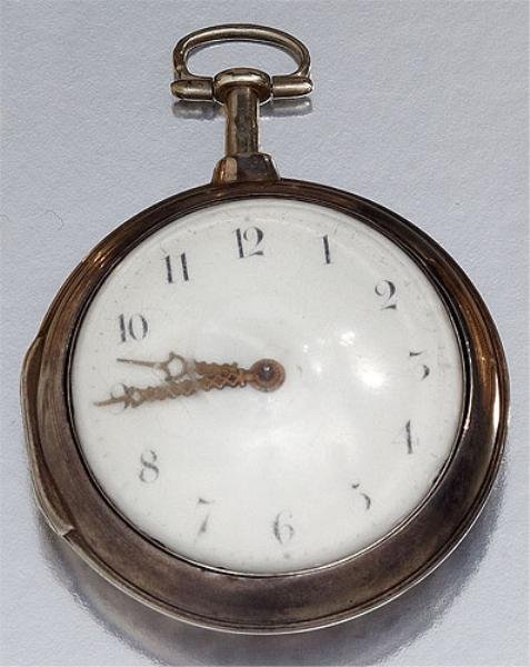 ANTIQUE POCKET WATCH, ROB CLENCH DUBLIN: Sterling silver key wind watch with white dial and black Arabic numbers. Movement by Rob Clench, movement # 17493. Case by Thomas & Richard Carpenter, London, circa 1809. Watch has sterling silver rem