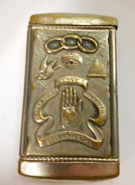 ODD FELLOWS PLATED MATCHSAFE: Decorated with assorted signs.
