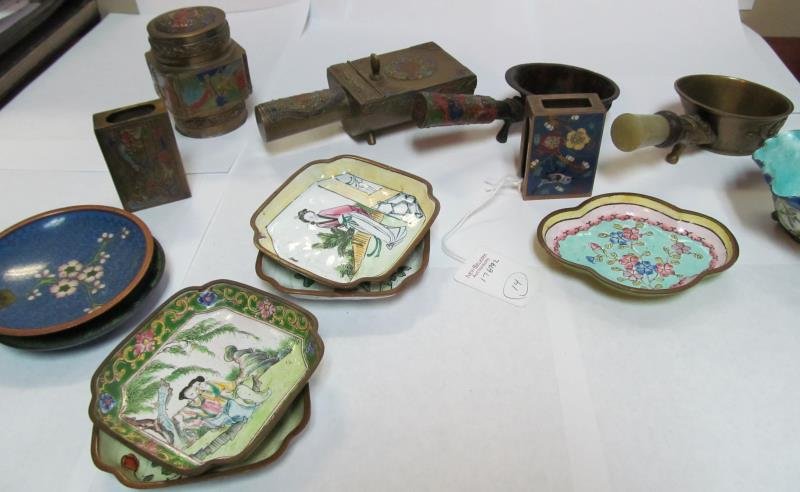 FOURTEEN PIECES CHINESE SMOKING ACCESSORIES: Including champleve, cloisonne and more.