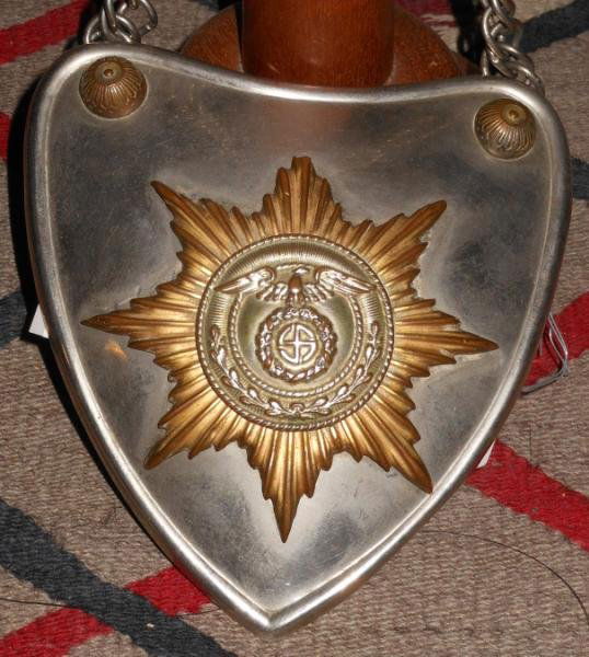 RARE WWII GERMAN SA GORGET IN ORIGINAL BOX: Eagle over sun wheel center panel affixed to gilt sunburst mounted on heart shaped convexed nickel shield with chain, RZM pin to felt on verso in original (NSDAP) Nationalsozialistiche Krafahr Korps 1