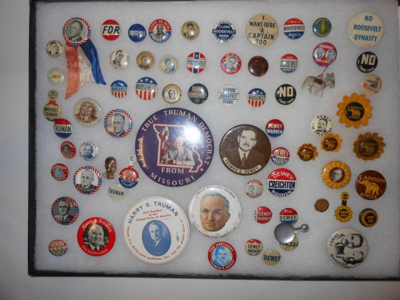 70 POLITICAL BUTTONS: Including Dewey/warren, Harry S. Truman, Landon/Knox, Franklin D. Roosevelt.