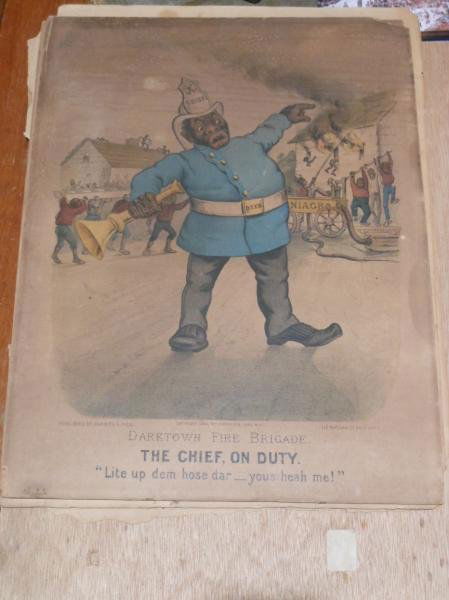 CURRIER AND IVES, PUBLISHERS (1857-1907): Set of Darktown Fire Brigade prints, THE CHEIF ON DUTY (1885), THE FOREMAN ON PARADE (1885), A PRIZE SQUIRT (1885), UNDER FULL STEAM (1887), THE LAST SHAKE (1885), SAVED! (1884), HOOK AND LADDER GYMNA