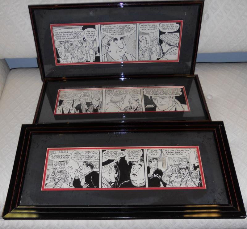 LANK LEONARD 'MICKEY FLYNN' ORIGINAL COMIC STRIPS: Three original Mickey Flynn comic strip drawings, all framed, with McNaught Syndicated Inc. markings.