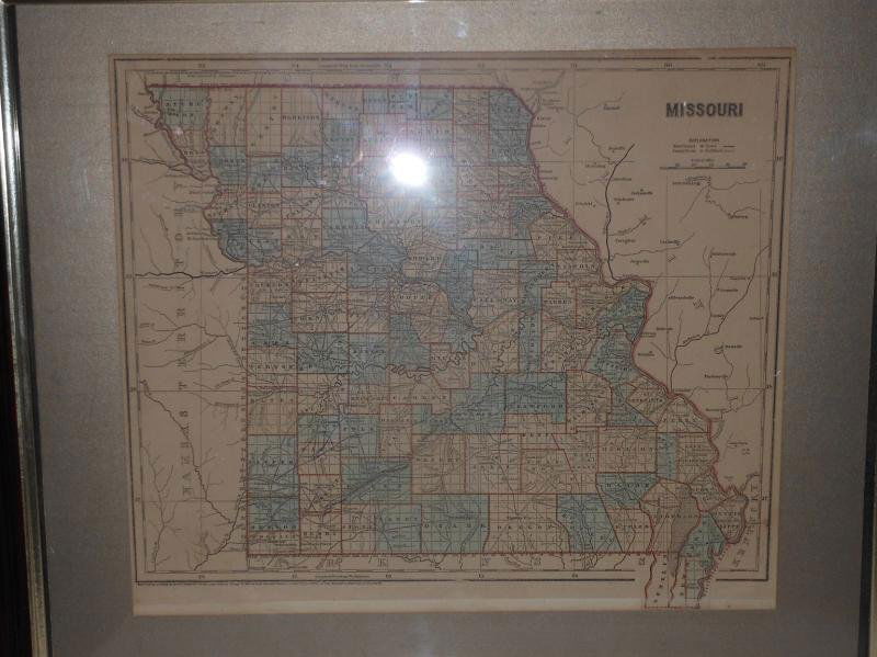 SAMUEL BREESE AND SIDNEY E. MORSE MISSOURI MAP: Circa 1845, wax engraved, published by Harper & Brothers, New York, hand colored, publication: Morse's North American Atlas, framed and matted, 13" x 15 inches(sight).