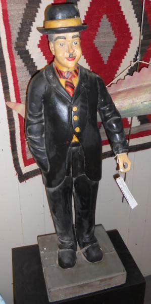 CARVED WOODEN FIGURAL STATUE: Man wearing a suit and hat (Oliver Hardy?), height 40 1/2 in.
